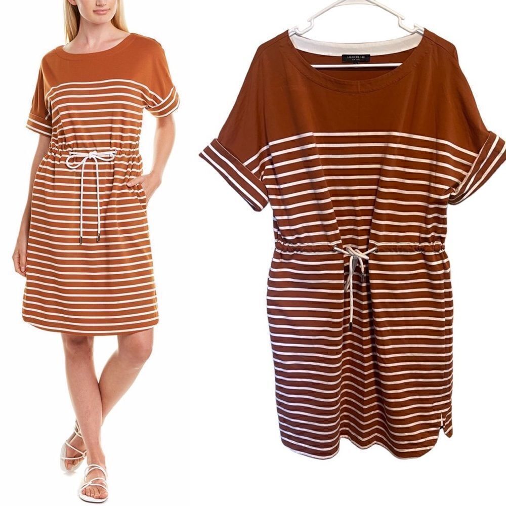 Lafayette 148- Women’s Brandon T-Shirt Dress Burnt Orange Striped Drawstring, L